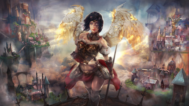 Woman wings armor sword citycastle free wallpaper - medium preview image