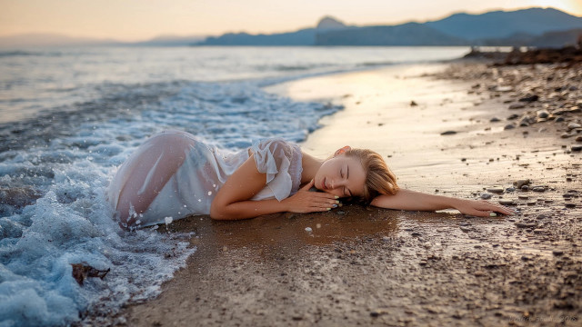 Woman beach white dress relaxing free wallpaper - medium preview image