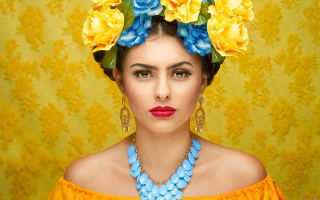 Woman flowercrown yellowdress autumn fire free wallpaper - medium preview image