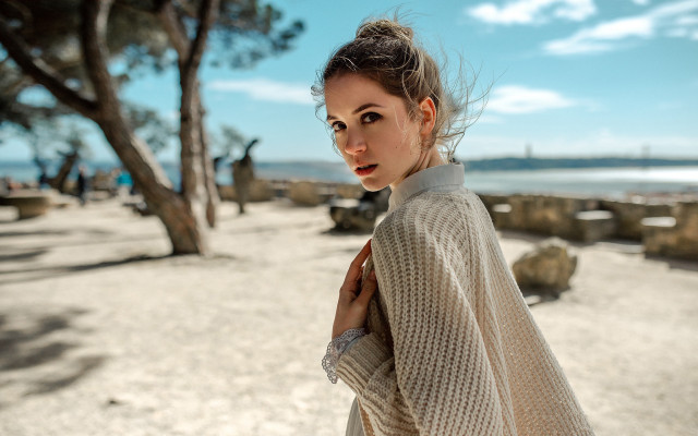 Woman beach tree water bridge free wallpaper - medium preview image