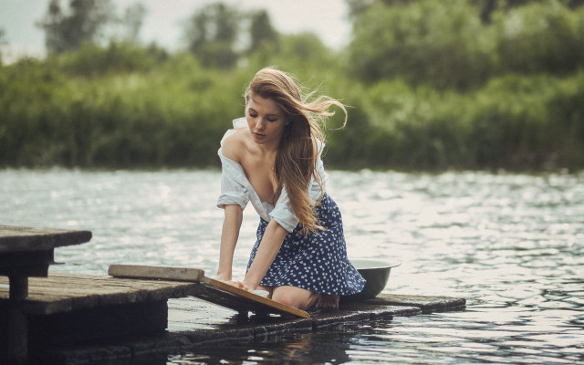 Woman dock water trees photorealistic free wallpaper - medium preview image
