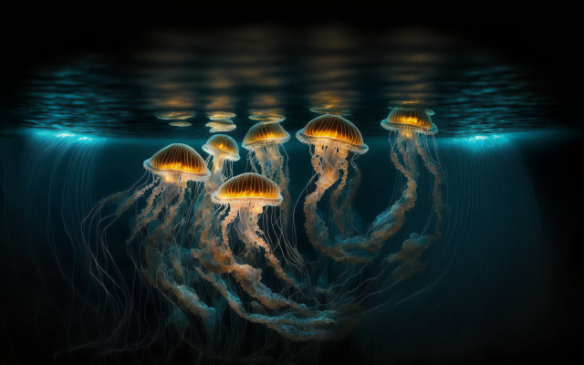 Jellyfish ocean bioluminescence blue yellow free wallpaper - medium preview image