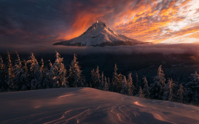 Snowy mountain forest sunset cloudy free wallpaper - medium preview image
