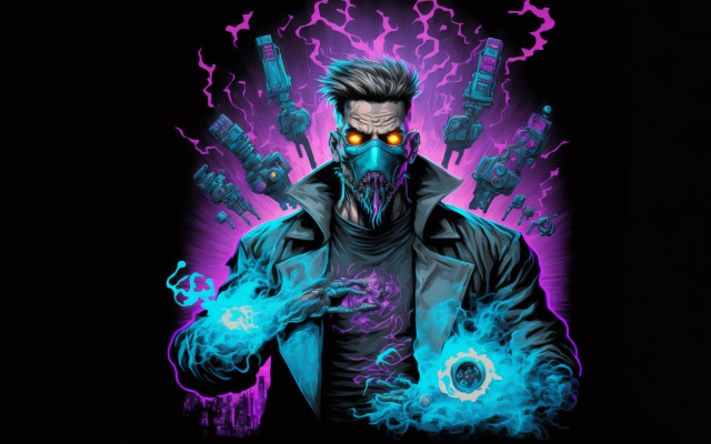 Man gasmask blueflames cyberpunk glow free wallpaper - medium preview image
