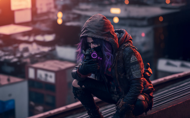 Purple haired woman cyberpunk sitting free wallpaper - medium preview image