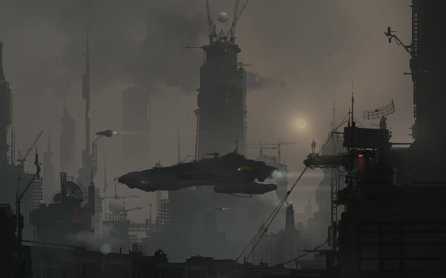 Futuristic city spaceship smoke retrofuturism free wallpaper - medium preview image