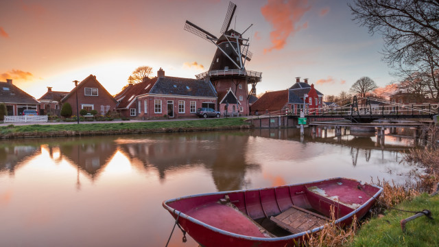 Boat shore river windmill houses free wallpaper - medium preview image