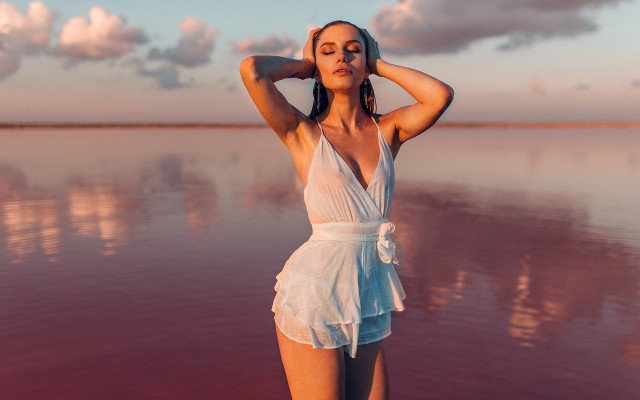Woman beach dusk clouds ocean free wallpaper - medium preview image
