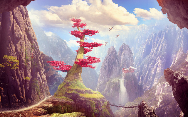 Mountain waterfall bridge fantasy landscape free wallpaper - medium preview image