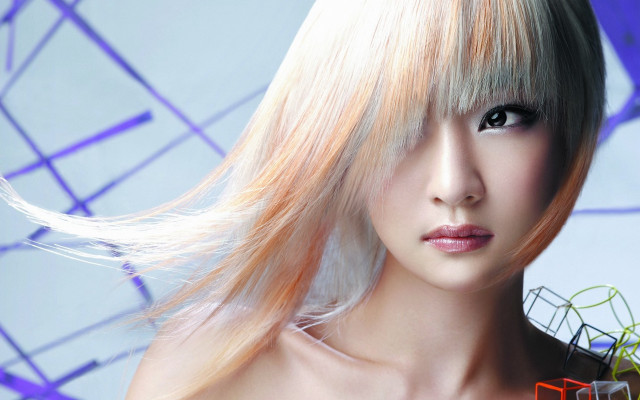 Blonde woman colorful geometric ribbon free wallpaper - medium preview image