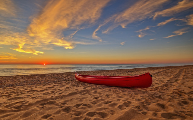 Red canoe sunset beach clouds free wallpaper - medium preview image