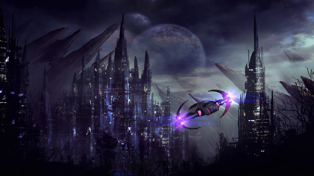 Futuristic city spaceship night sky free wallpaper - medium preview image