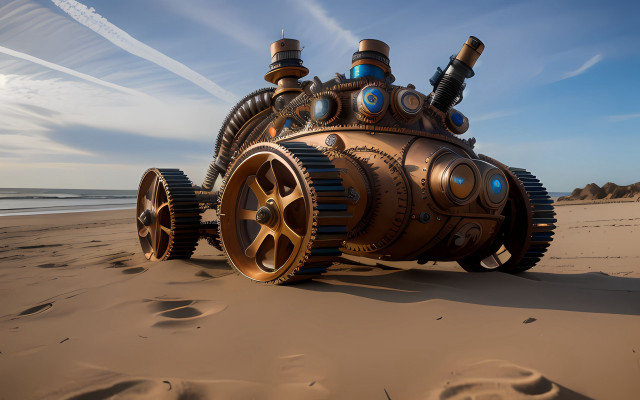 Steampunk mechanical beach ocean clouds free wallpaper - medium preview image