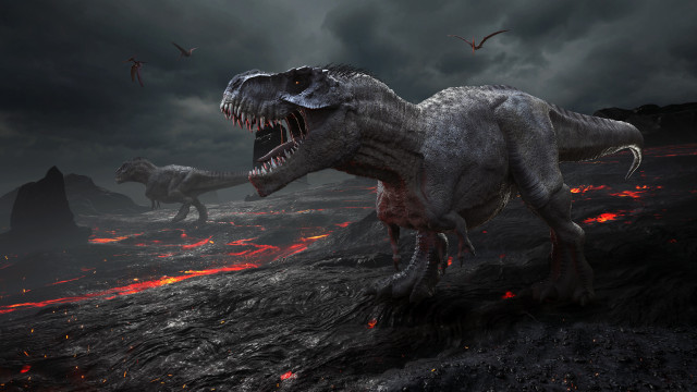 Dinosaurs rocky lava birds photorealism free wallpaper - medium preview image