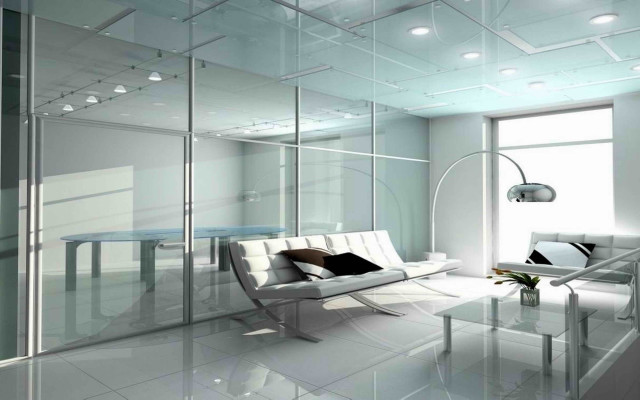 Modern livingroom glasswall whitecouch whitetable free wallpaper - medium preview image