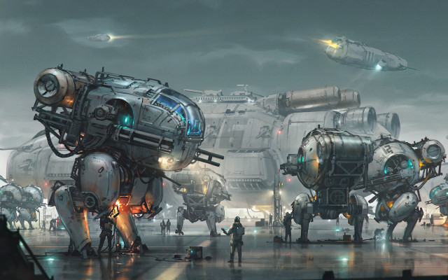 Futuristic city giant robot group free wallpaper - medium preview image