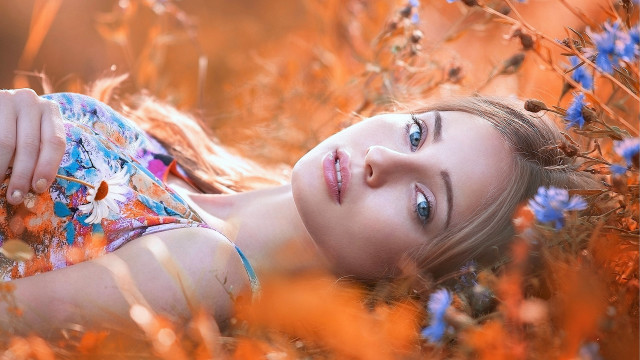 Girl autumn field flowers smile free wallpaper - medium preview image
