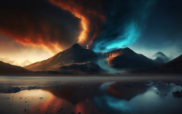 Mountain lake clouds orange blue free wallpaper - medium preview image