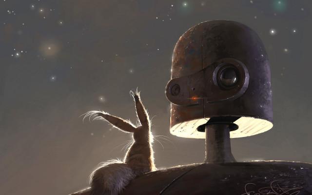 Rabbit robot astronaut aurora night free wallpaper - medium preview image