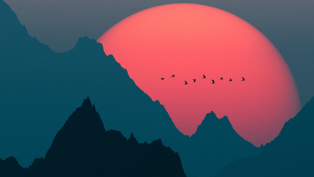 Birds mountain sunset forest moon #2 free wallpaper - medium preview image