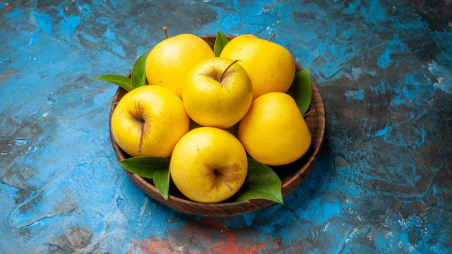 Yellow apples still life blue free wallpaper - medium preview image