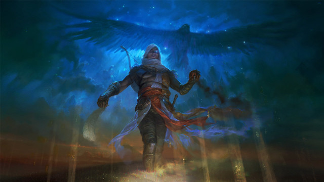 Man blue suit bird sword free wallpaper - medium preview image