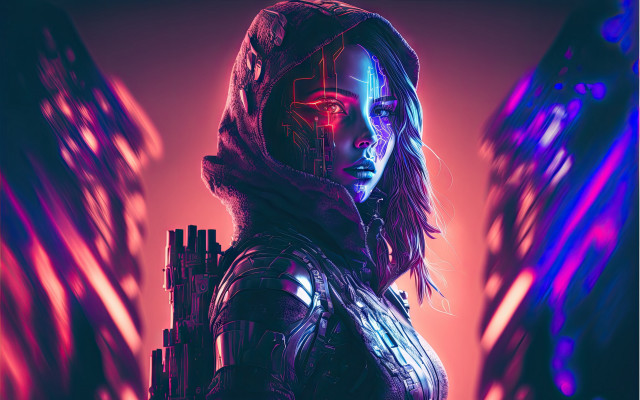 Futuristic woman cyberpunk armor glowing free wallpaper - medium preview image