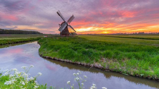 Windmill green field river sunset free wallpaper - medium preview image