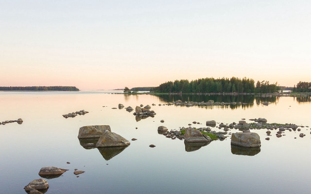 Lake rocks trees sunset matte free wallpaper - medium preview image