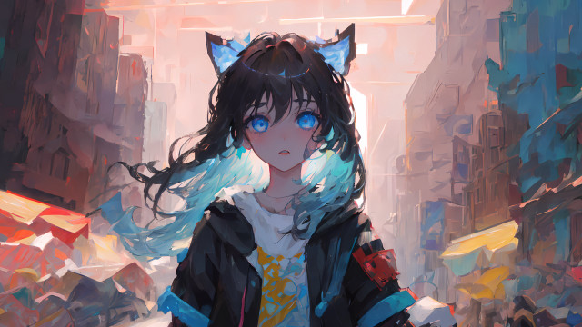 Anime girl blue eyes cat free wallpaper - medium preview image