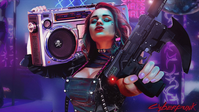 Woman boombox gun cyberpunk synthwave free wallpaper - medium preview image