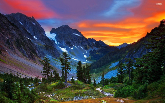 Mountain landscape stream sunset red free wallpaper - medium preview image