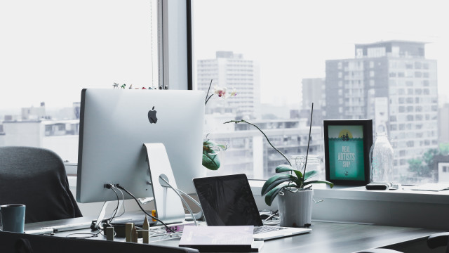 Desk computer plant city view free wallpaper - medium preview image