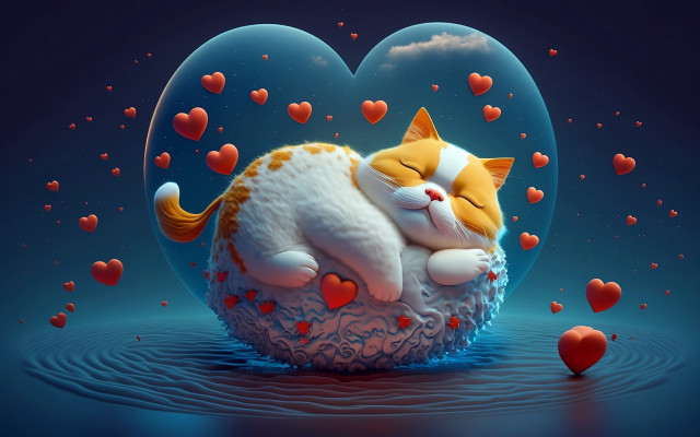 Sleeping cat heart floating hearts free wallpaper - medium preview image