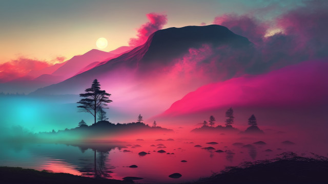 Mountain lake trees rainbow sky free wallpaper - medium preview image