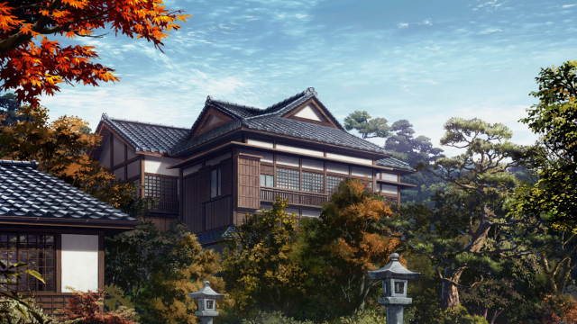 Japanese house autumn leaves forest free wallpaper - medium preview image