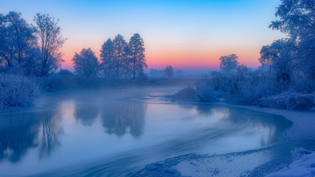 River frozen bank trees sunset free wallpaper - medium preview image