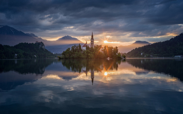 Lake church mountain clouds dusk free wallpaper - medium preview image