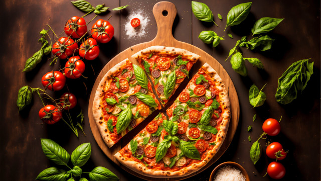 Pizza slices basil tomatoes wooden free wallpaper - medium preview image