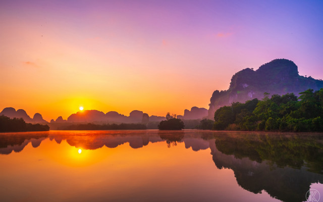 Sunset lake mountains trees boats free wallpaper - medium preview image