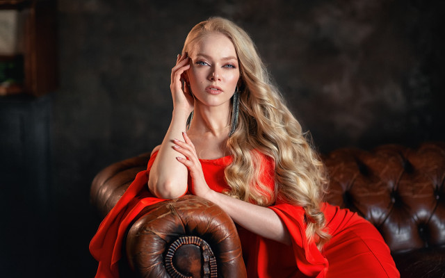 Woman reddress blonde blueeyes portrait free wallpaper - medium preview image