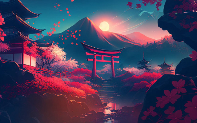 Mountain pagoda stream fullmoon autumn free wallpaper - medium preview image