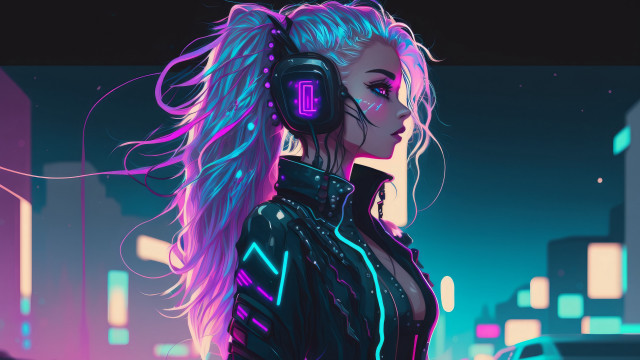 Neon city cyberpunk woman headphones free wallpaper - medium preview image