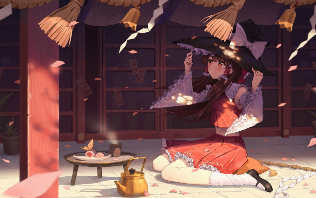 Woman sitting hat umbrella teapot free wallpaper - medium preview image