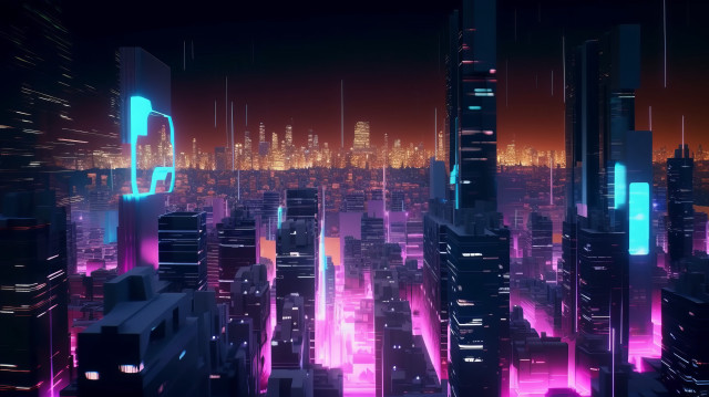 Cyberpunk city neon lights skyscrapers free wallpaper - medium preview image
