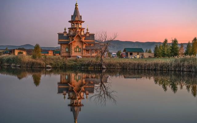Wooden church reflection sunset mountains free wallpaper - medium preview image