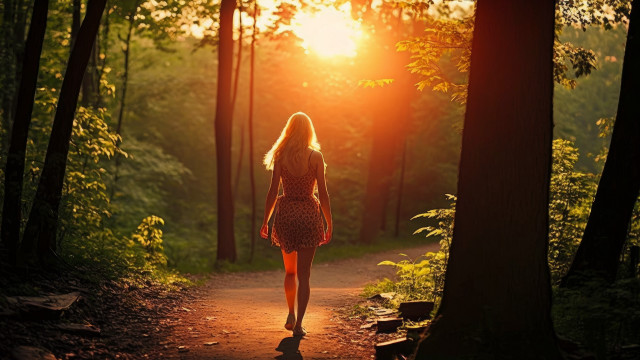 Woman forest sunset backlit autumn free wallpaper - medium preview image