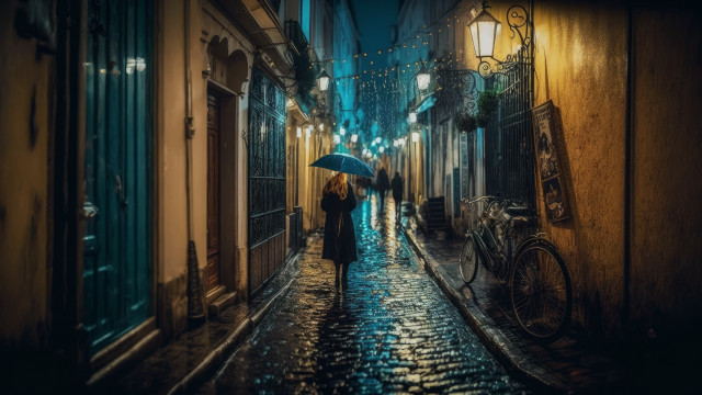 Rainy night couple umbrella cityscape free wallpaper - medium preview image