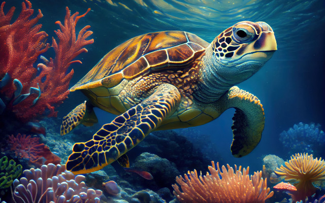 Turtle ocean corals seaweed photorealism free wallpaper - medium preview image