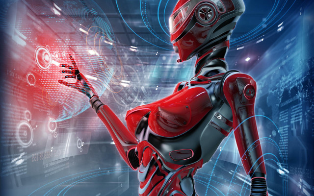 Robot red light futuristic cityscape free wallpaper - medium preview image